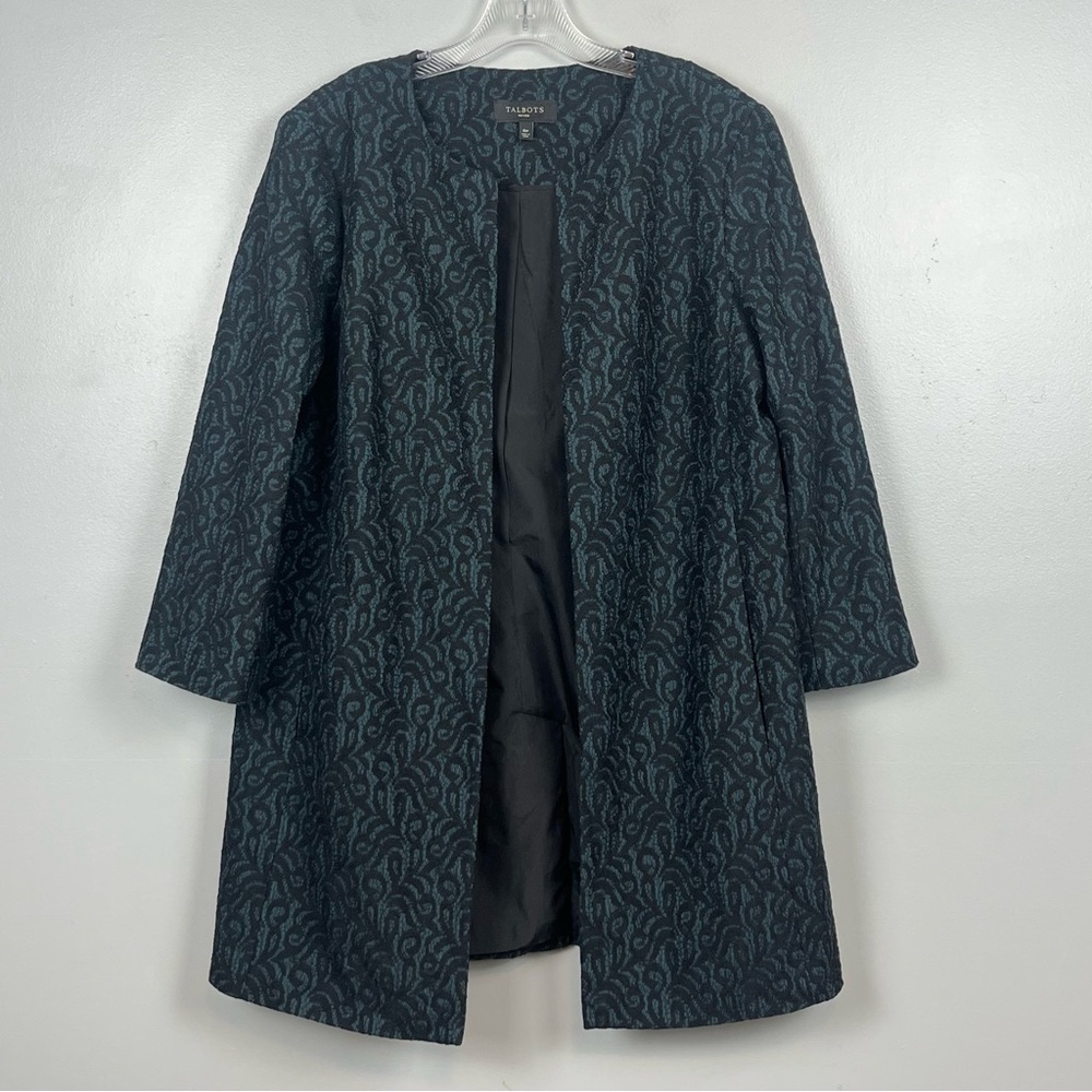 Talbots green & black lace pattern3/4 sleeve long line open front jacket, 16P.